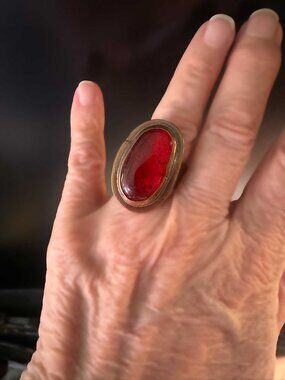 70s Rafael Alfandary Bold Copper Adjustable Ring with Red Murano Glass Cabochon